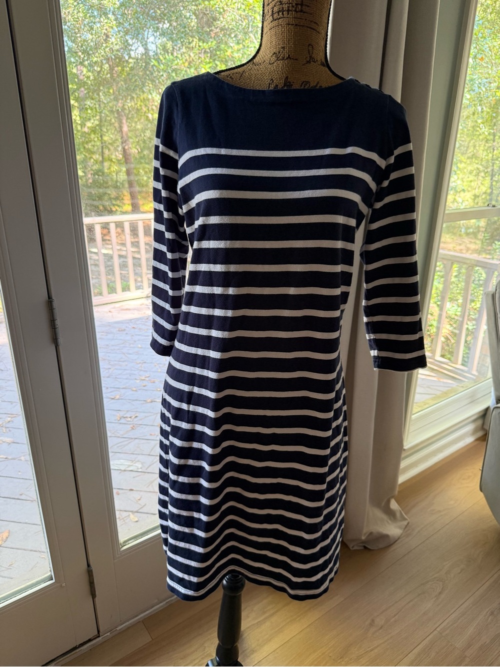 L.L. Bean Navy and White Striped Midi Dress 100% cotton